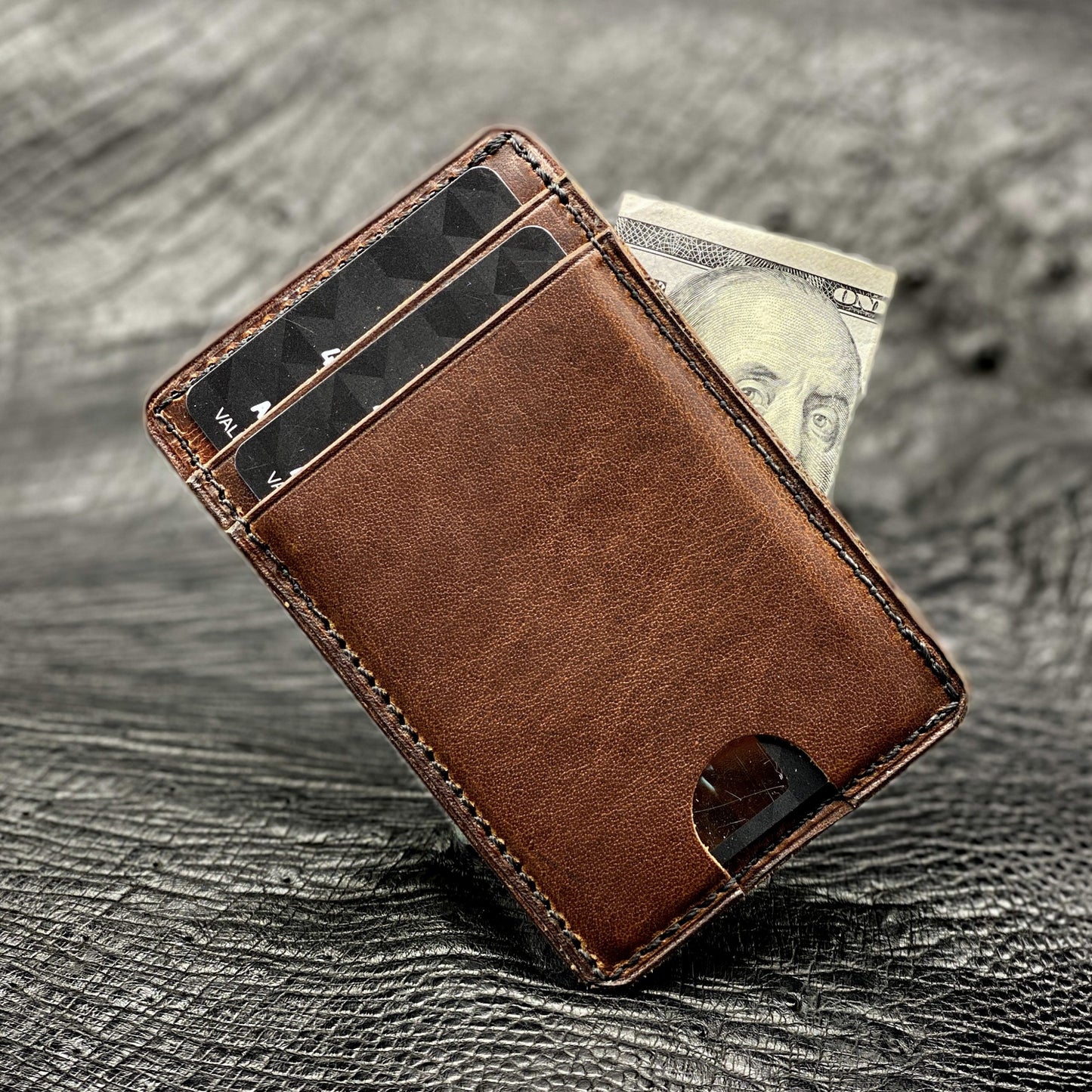 Custom Minimalist MiniMax V2 wallet in Nut Brown Horween Leather | made in Houston | Custom Leather and Pen