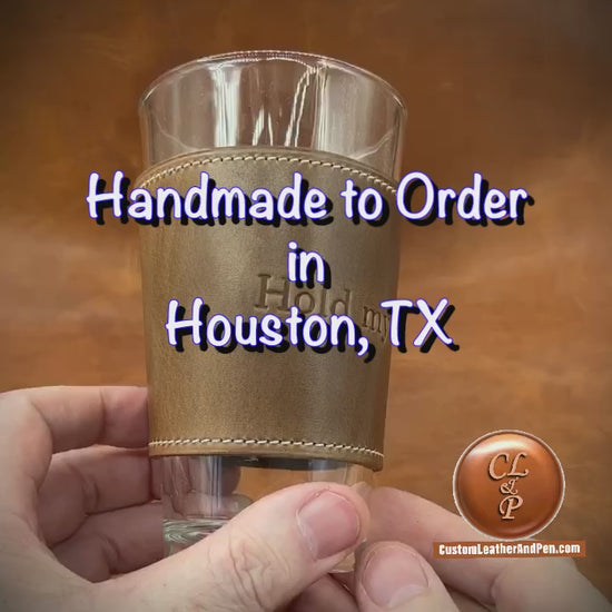 Beautiful Horween Leather Wrapped Pint Glasses for gift giving, weddings and corporate events.