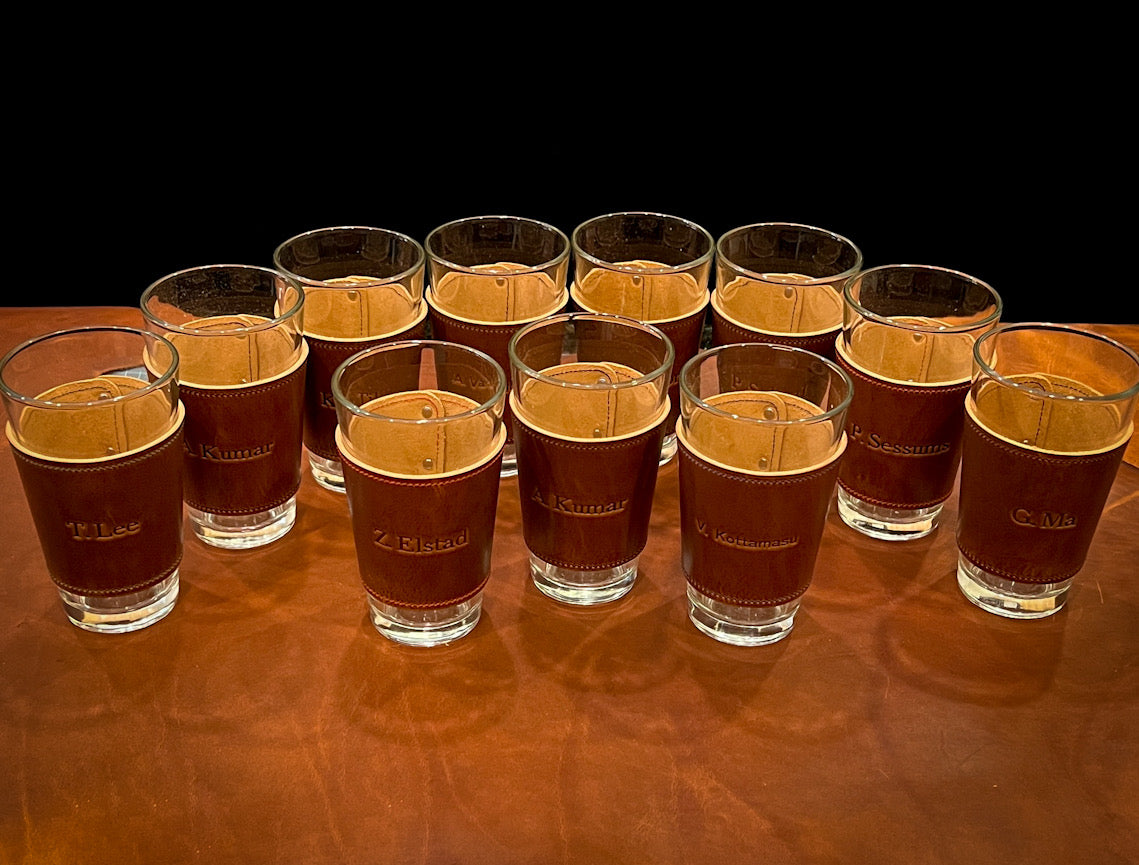Groomsmen Pint Glasses with Pint Sleeves in Horween Leather by Custom Leather and Pen in Houston, TX