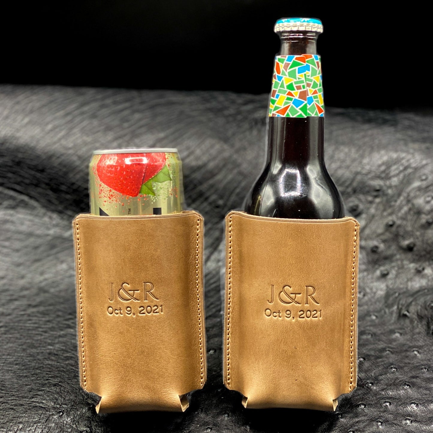 Couples Leather Drink Koozies in Natural CXL Horween Leather