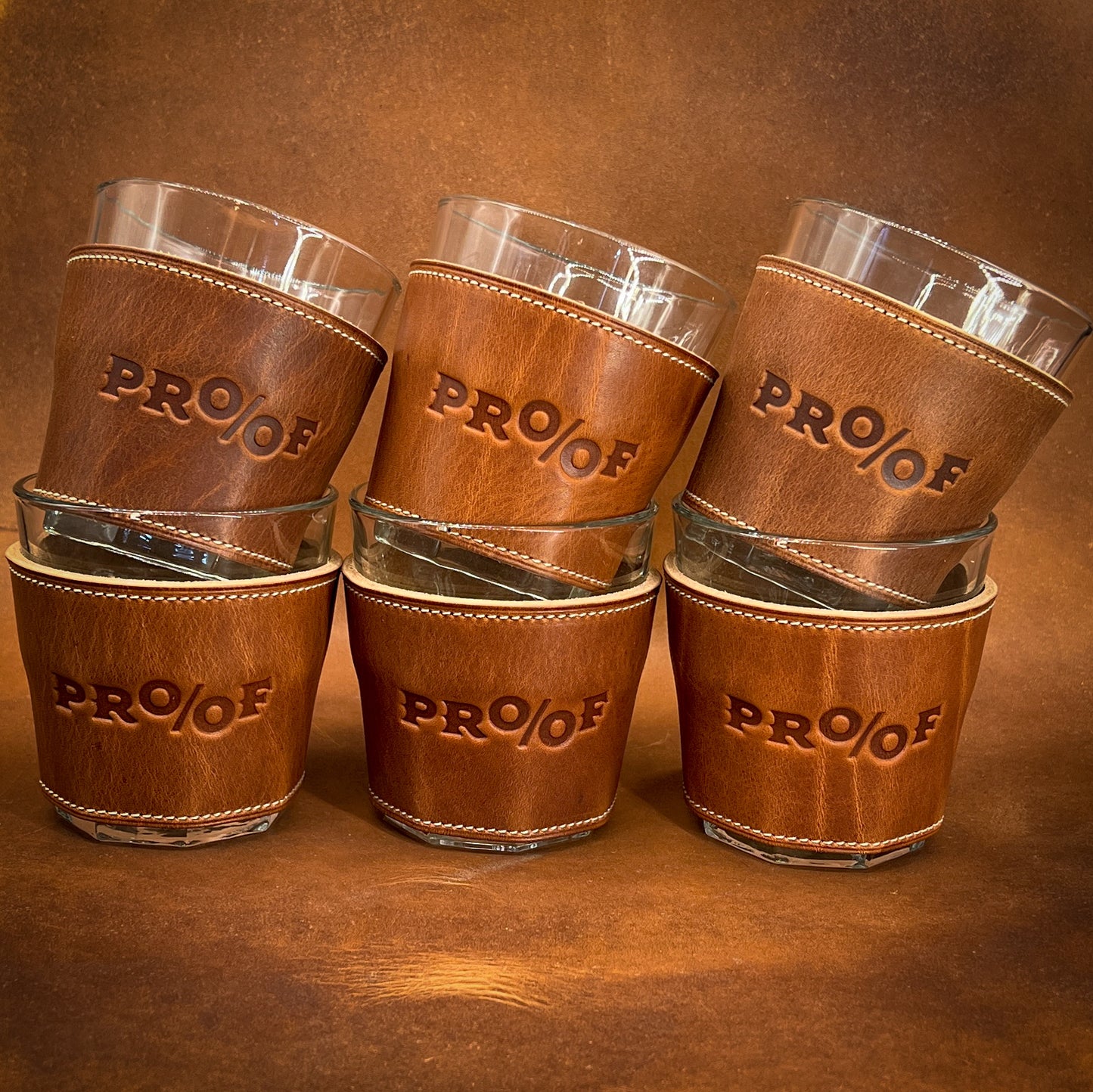 Promotional Leather Whiskey Glasses for Proof Ice Cream in Horween leather