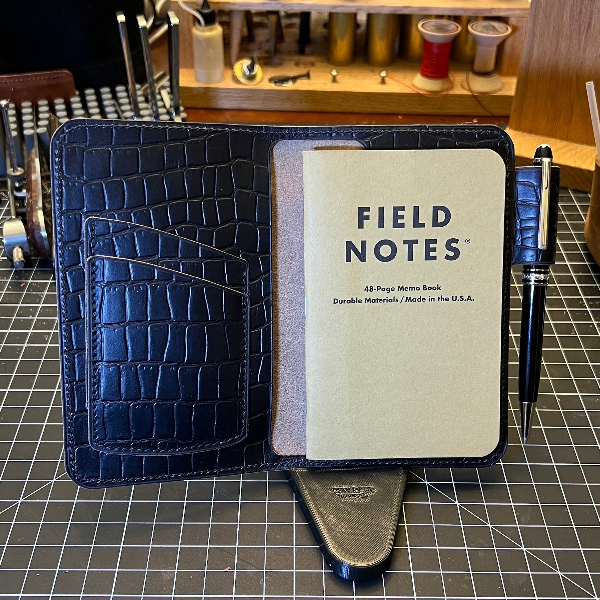 Custom Handmade Field Notes Journal Covers in Black CXL Crocodile Print Horween Leather | Handmade in Houston | Custom Leather and Pen