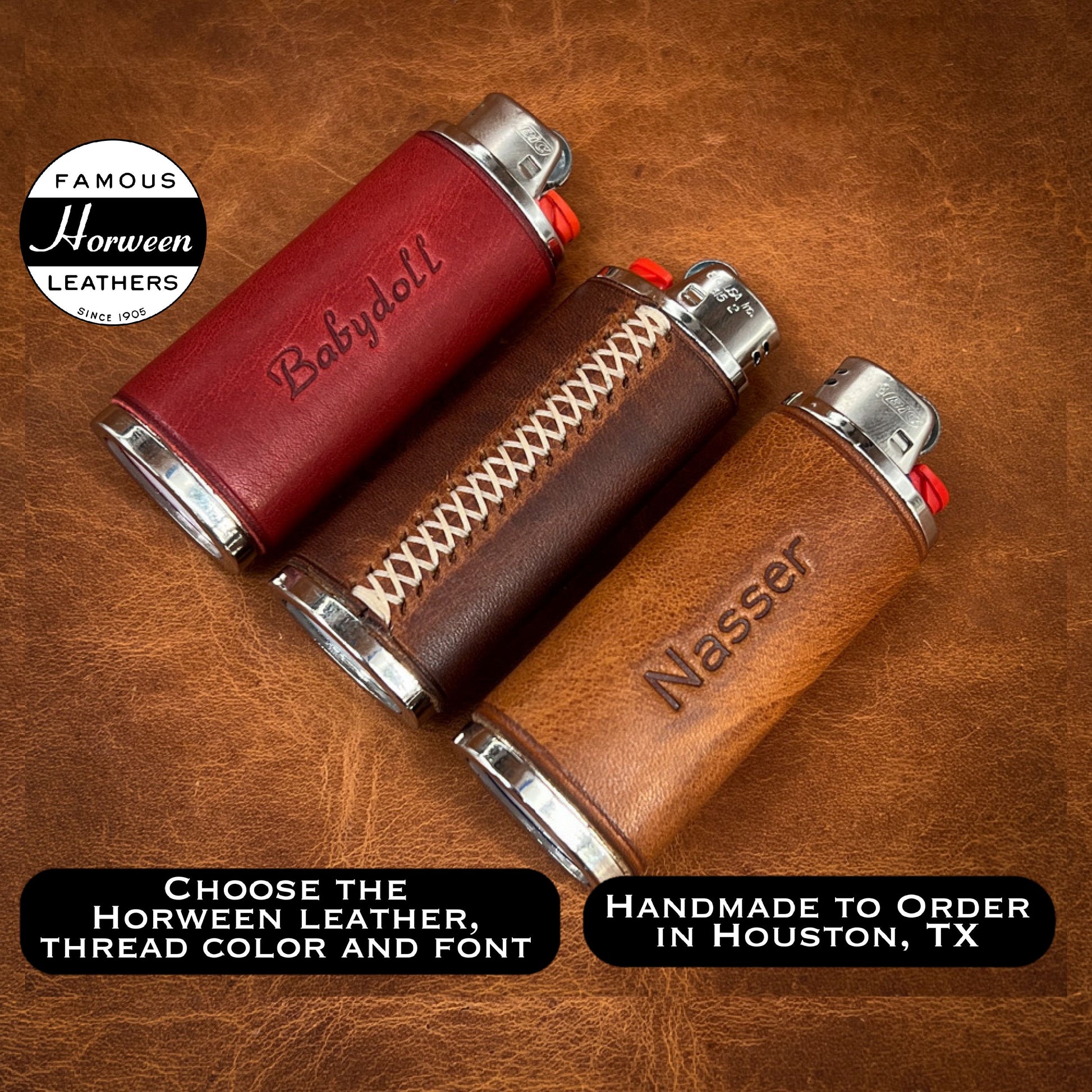 Custom Leather Bic Lighter Cases in Red, Brown and English Tan Horween Leather.  Handmade to Order in Houston Texas.