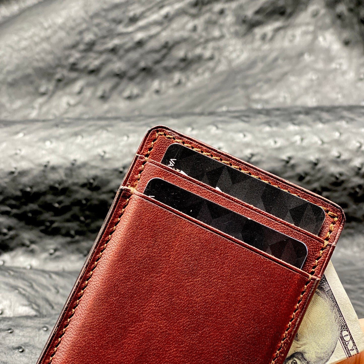 Handmade Minimalist MiniMax V2 wallet in Russet Brown Horween Leather | made in Houston | Custom Leather and Pen