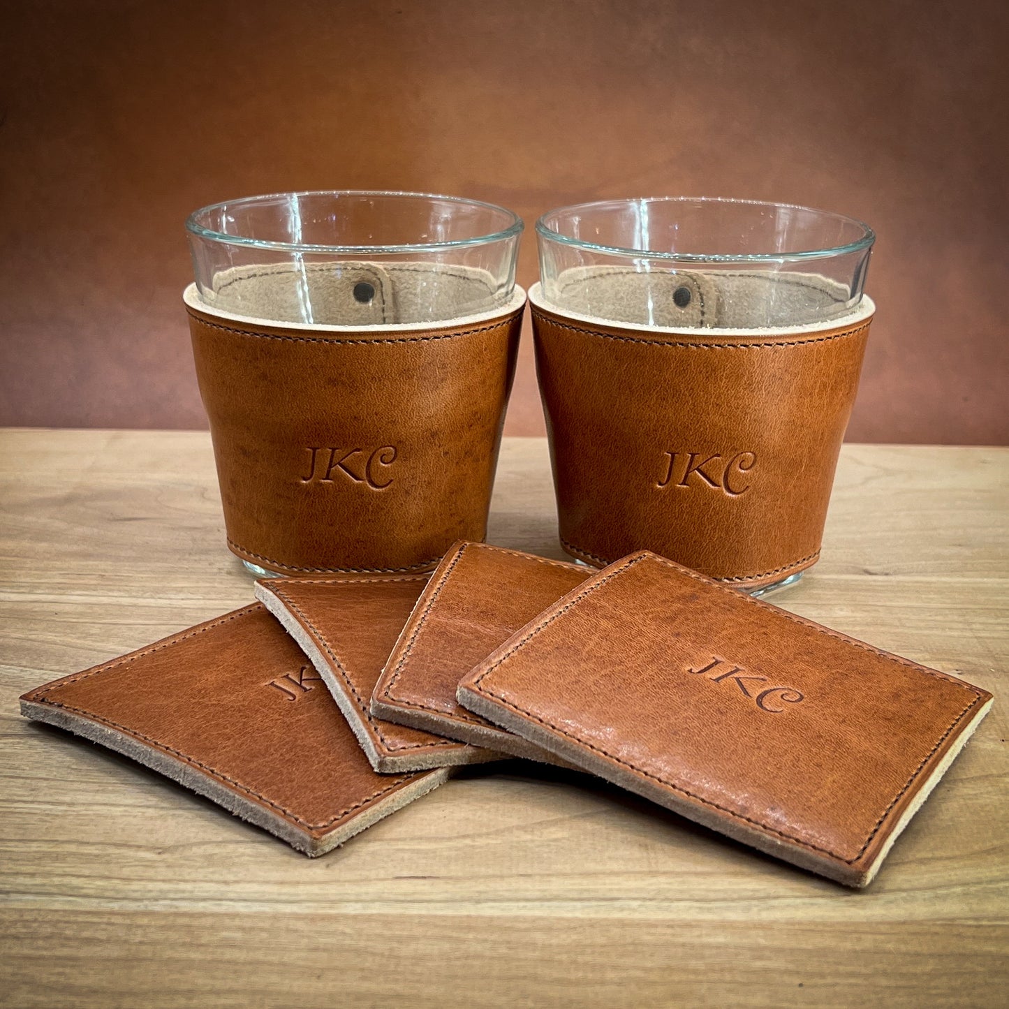 Personalized Patio Barware with leather whiskey glasses and matching coasters