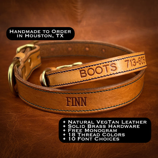 Custom Dog Collars in Natural Veg Tan Leather with Center Bar Buckle