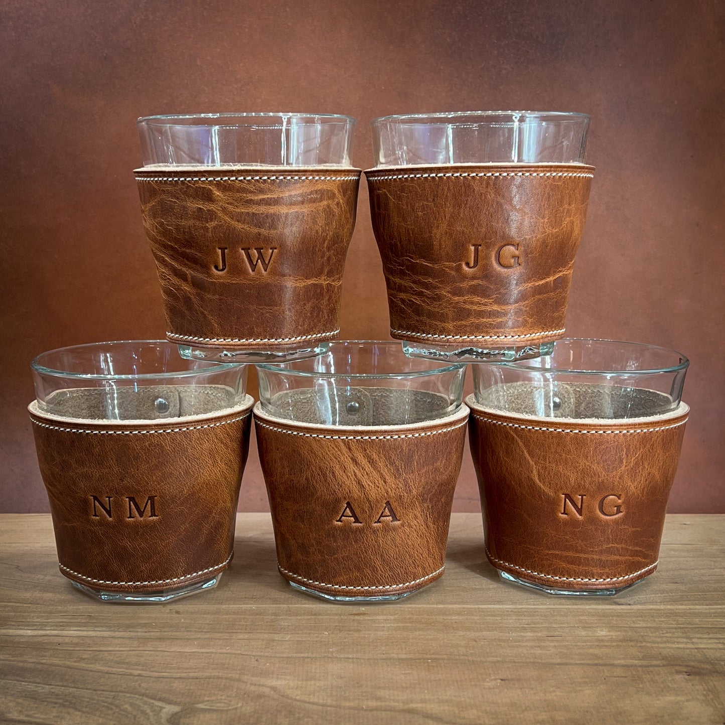 Monogrammed Whiskey Glasses in English Tan Horween Leather