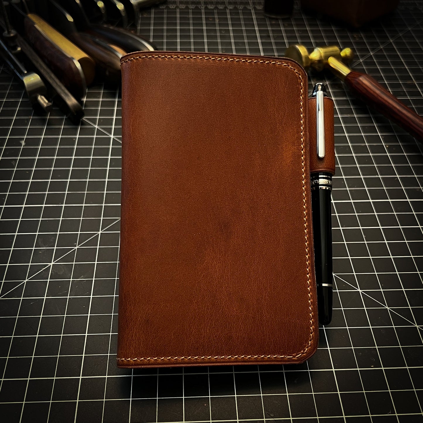 Handmade Field Notes Journal Cover in Chestnut Dublin Horween Leather | Handmade in Houston | Custom Leather and Pen