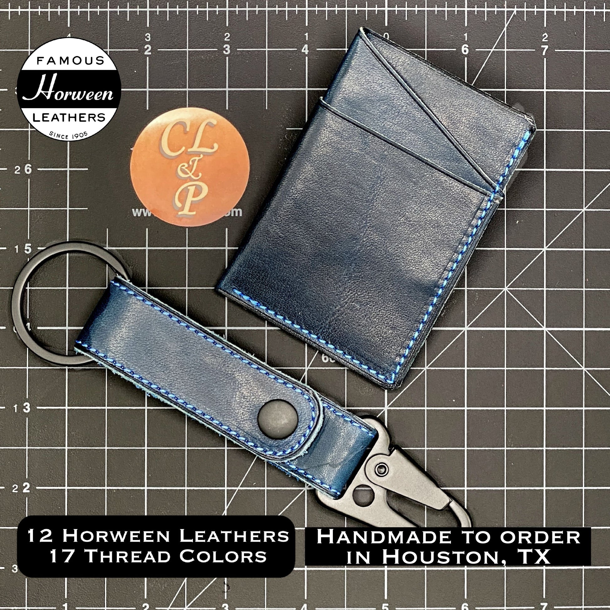 Custom EDC3 Minimalist Wallet in Cobalt Blue Horween Leather with Ocean Blue Accent Stitching | Handmade Compact EDC Small Mini Wallet by Custom Leather and Pen in Houston, TX