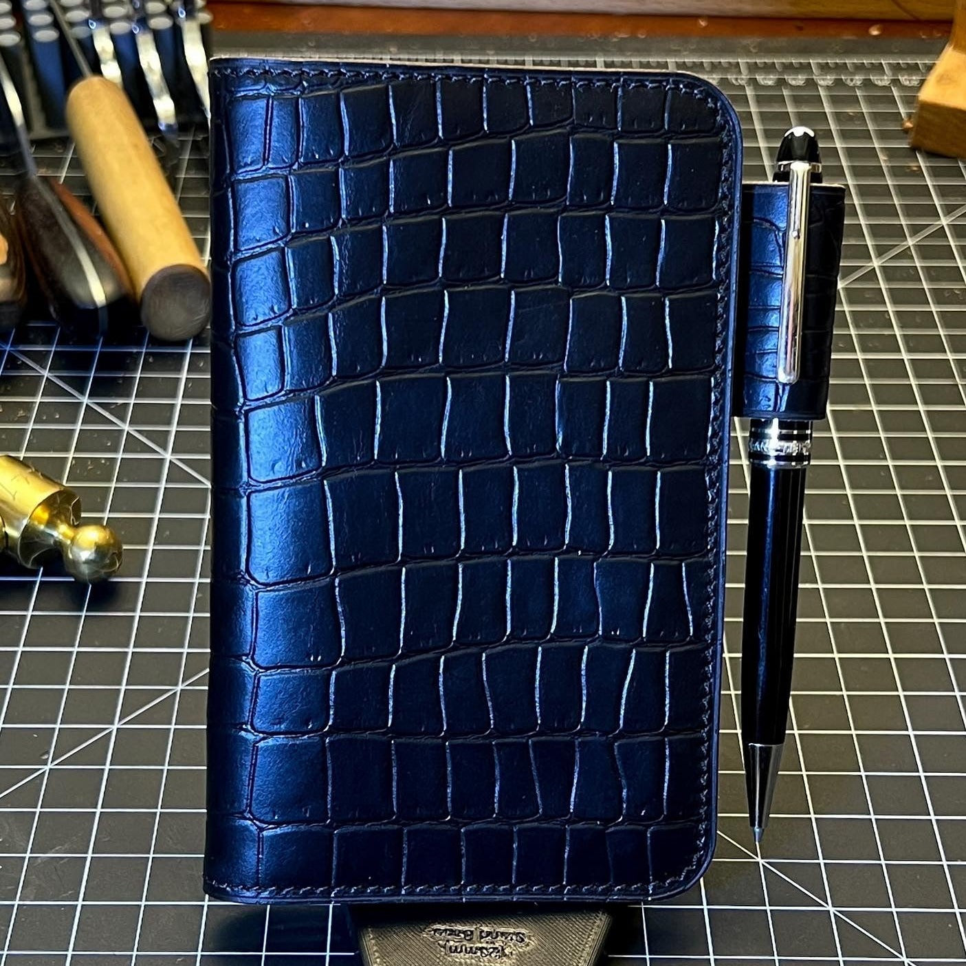 Custom Handmade Field Notes Journal Covers with Pen Loop in Black CXL Crocodile Print Leather | Handmade in Houston | Custom Leather and Pen
