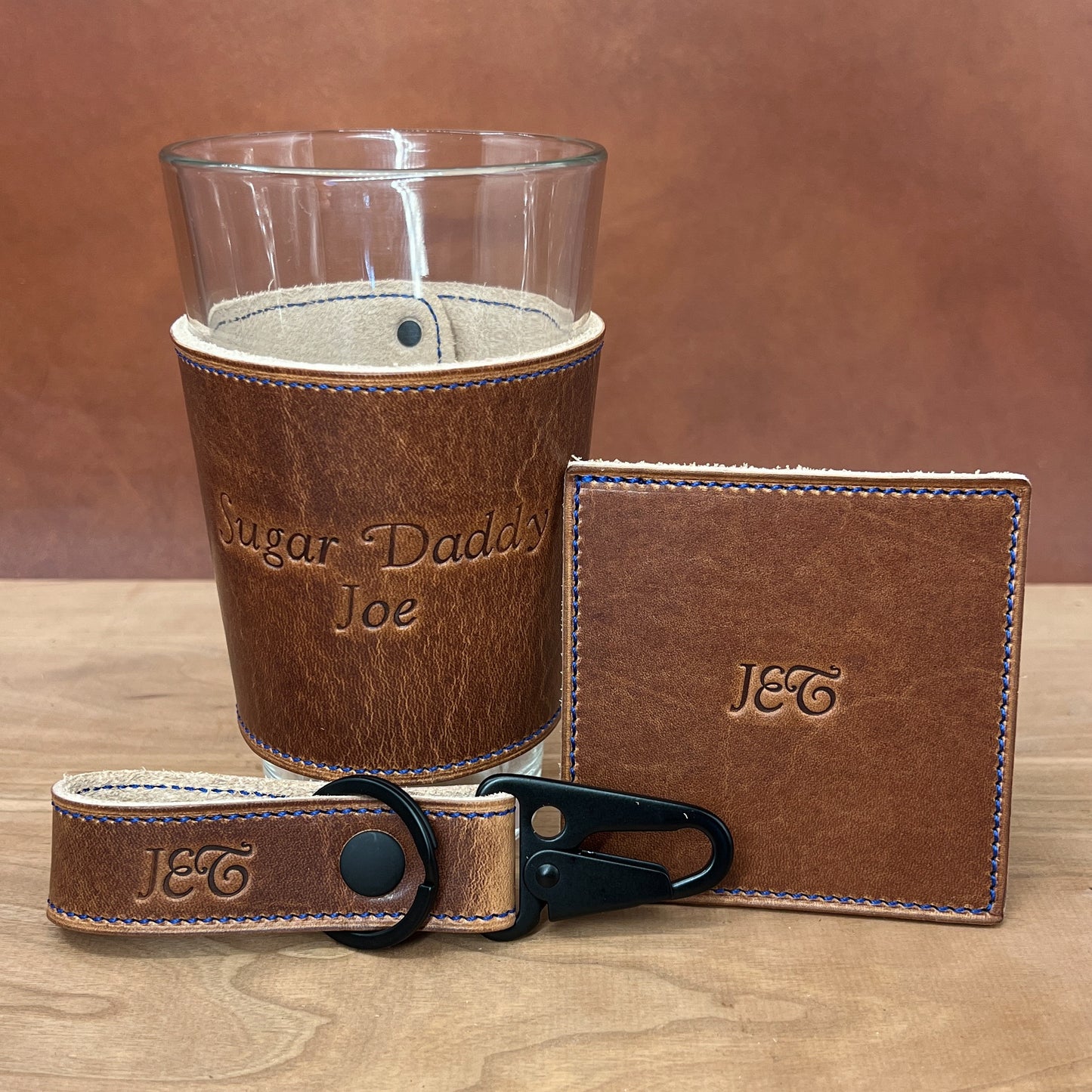 Custom Pint Glasses for Groomsmen and Weddings in Horween Leather.  Handmade to order in Houston TX