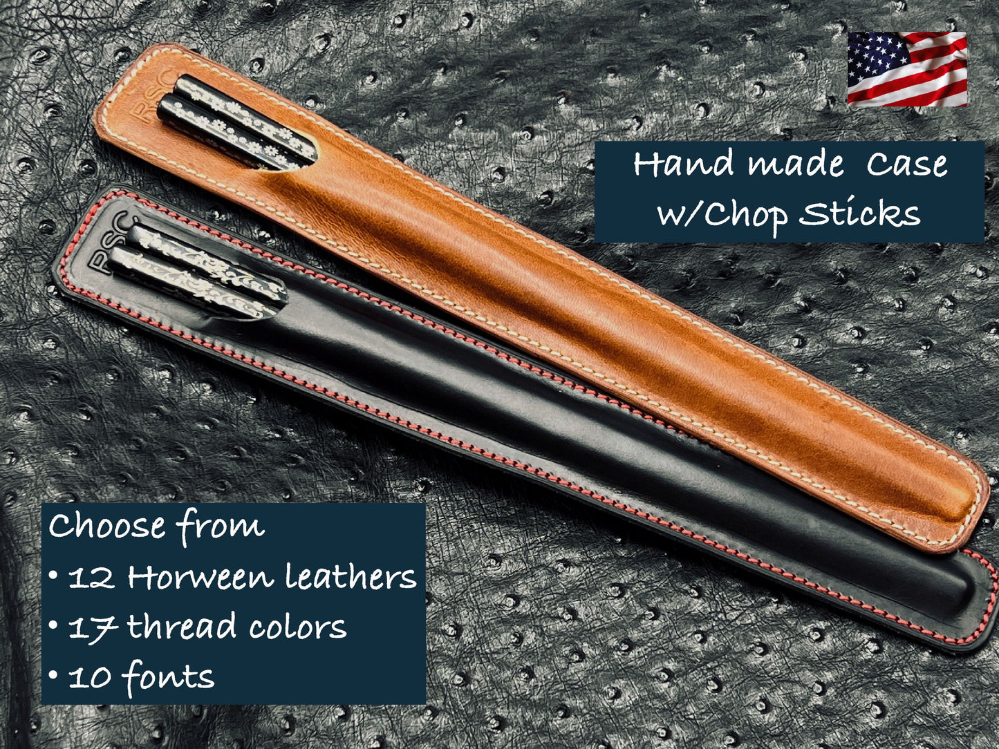 Custom Chopsticks Case in Horween Leathers with Stainliness Steel Chopsticks | handmade by Custom Leather and Pen
