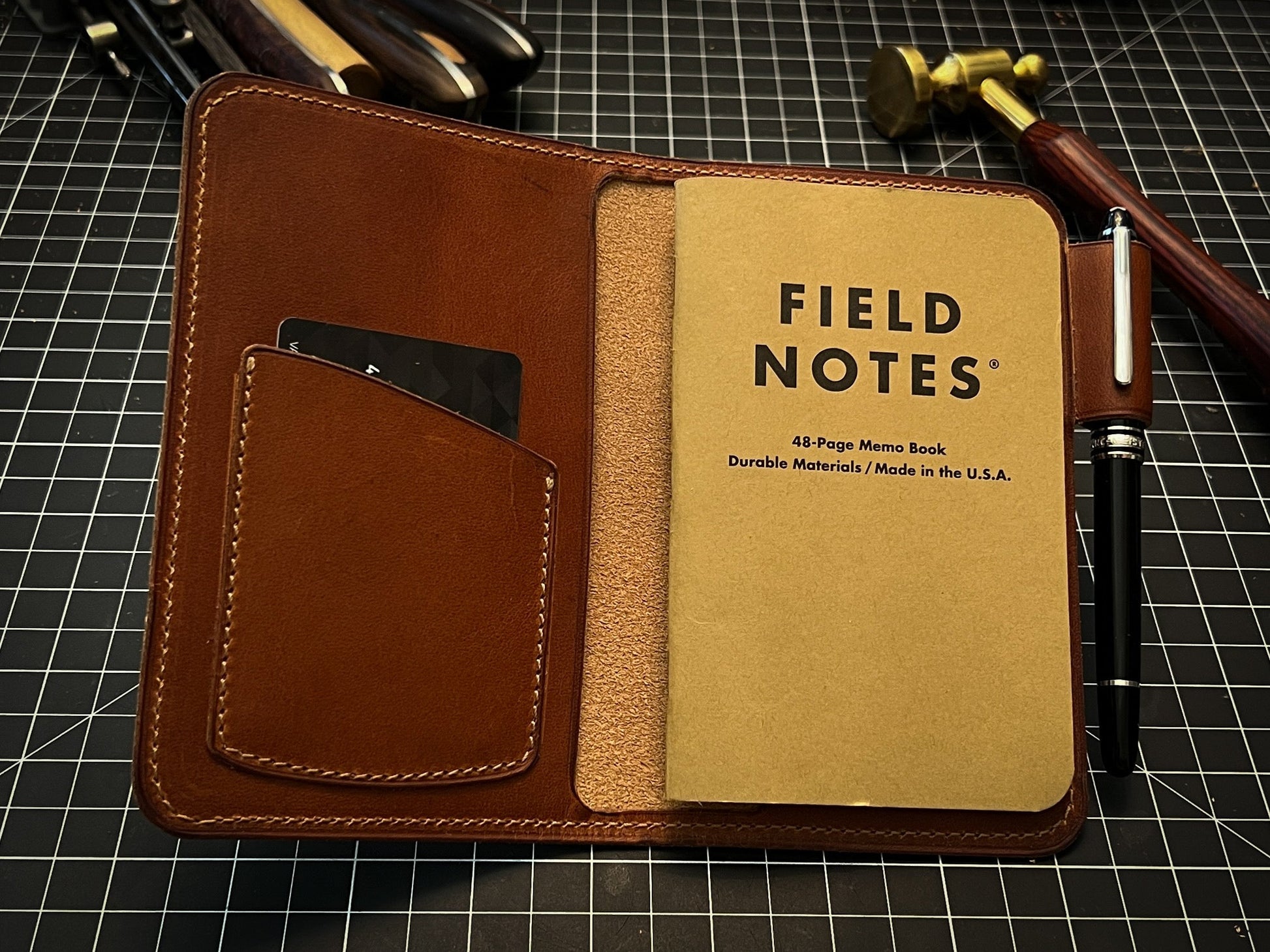 Handmade Field Notes Journal Cover with single pocket in Chestnut Dublin Horween Leather | Handmade in Houston | Custom Leather and Pen
