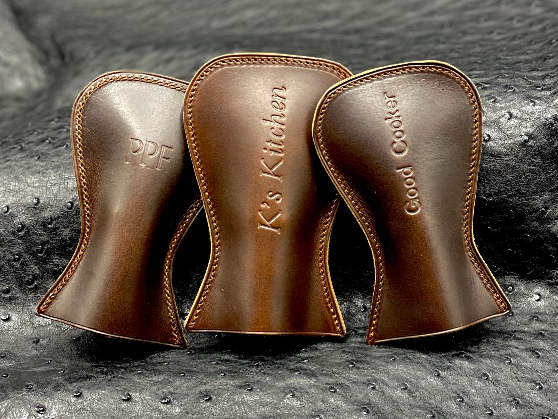 Beautiful Cast Iron Skillet Handle Covers in Horween leather.  Handmade to order in Houston, TX.