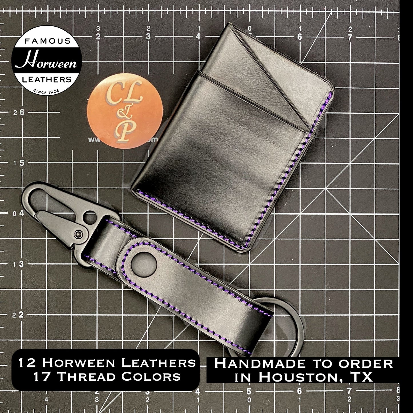 Custom EDC3 Minimalist Wallet in Black CXL Horween Leather with Purple Accent Stitching | Handmade Compact EDC Small Mini Wallet by Custom Leather and Pen in Houston, TX