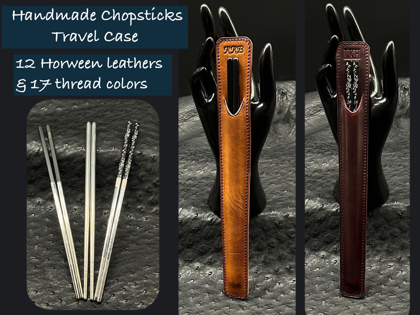 Designer Chopsticks Case in Horween Leather with Stainliness Steel Chopsticks | handmade by Custom Leather and Pen