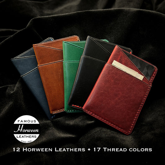 Handmade EDC3 Minimalist Wallets in a variety of Horween Leathers and Thread Colors | Personalized Custom Compact EDC Small Mini Wallet by Custom Leather and Pen in Houston, TX