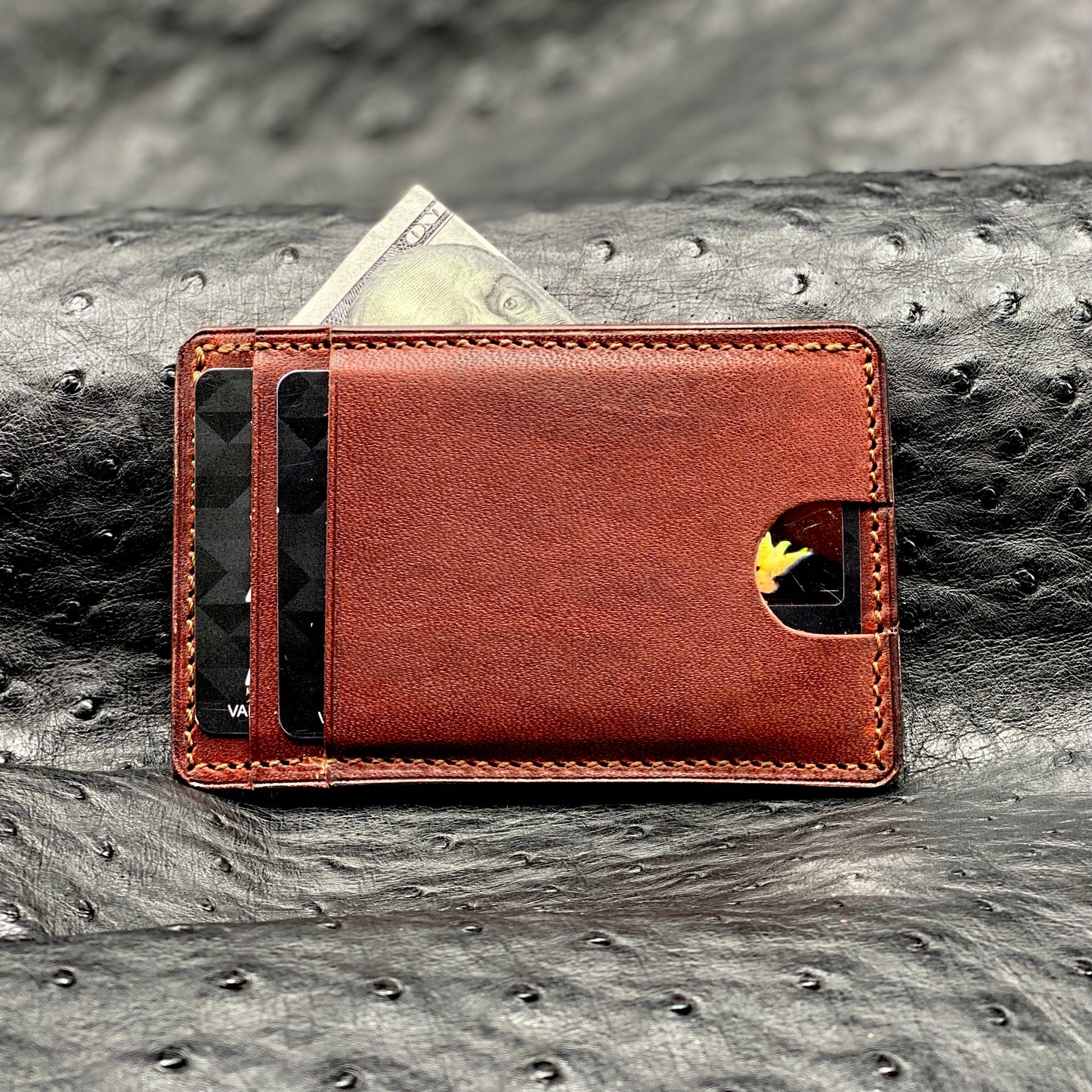 Designer EDC Minimalist MiniMax V2 wallet in Russet Brown Horween Leather | made in Houston | Custom Leather and Pen
