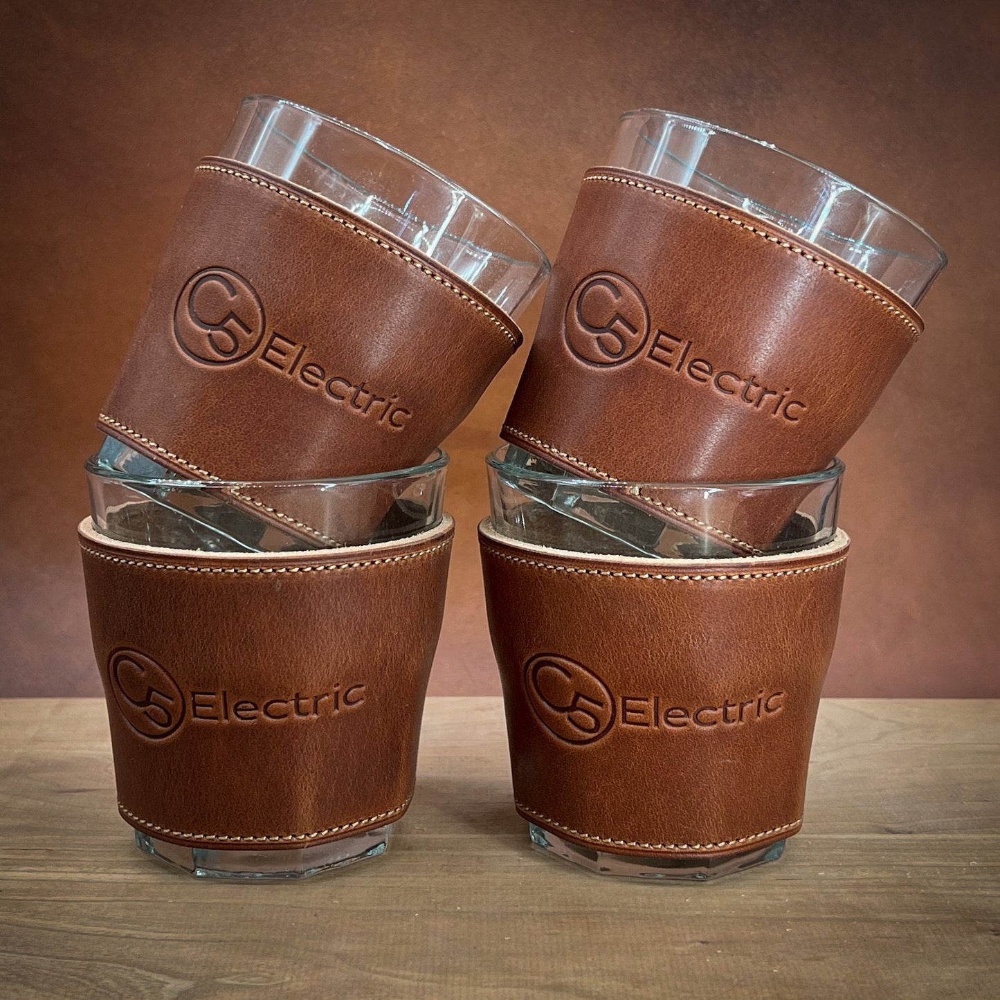 Leather Wrapped Tumbler Glasses with Corporate Logos | Handmade to order in Houston, TX