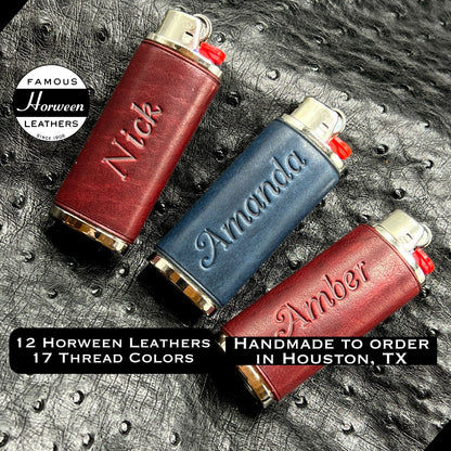 Handmade custom bic lighter case in horween leather with matching keychain, cigarette lighter in London Red and Cobalt Blue Horween Leathers, handmade lighter cover