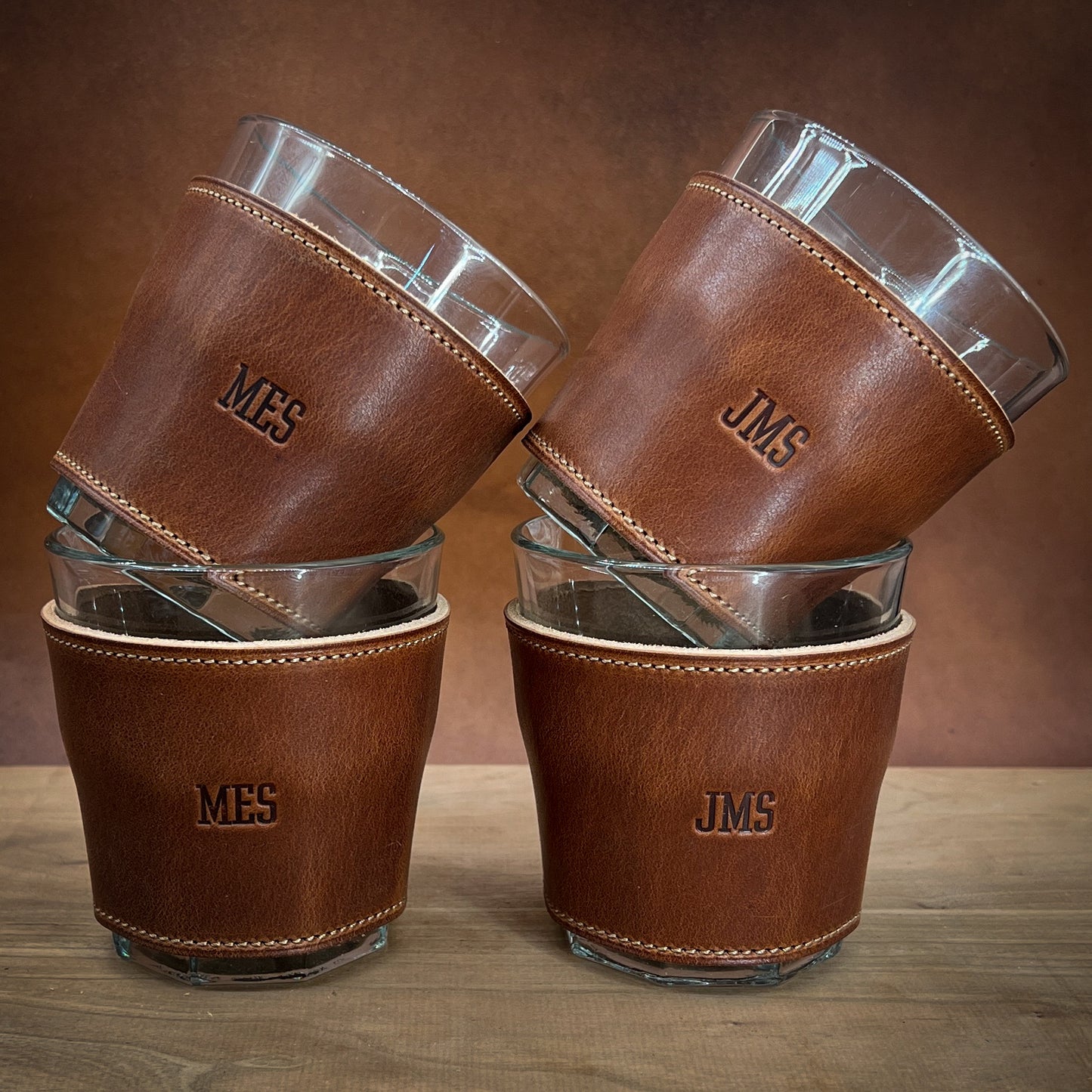 Monogrammed Whiskey Glasses wrapped in Horween Leather