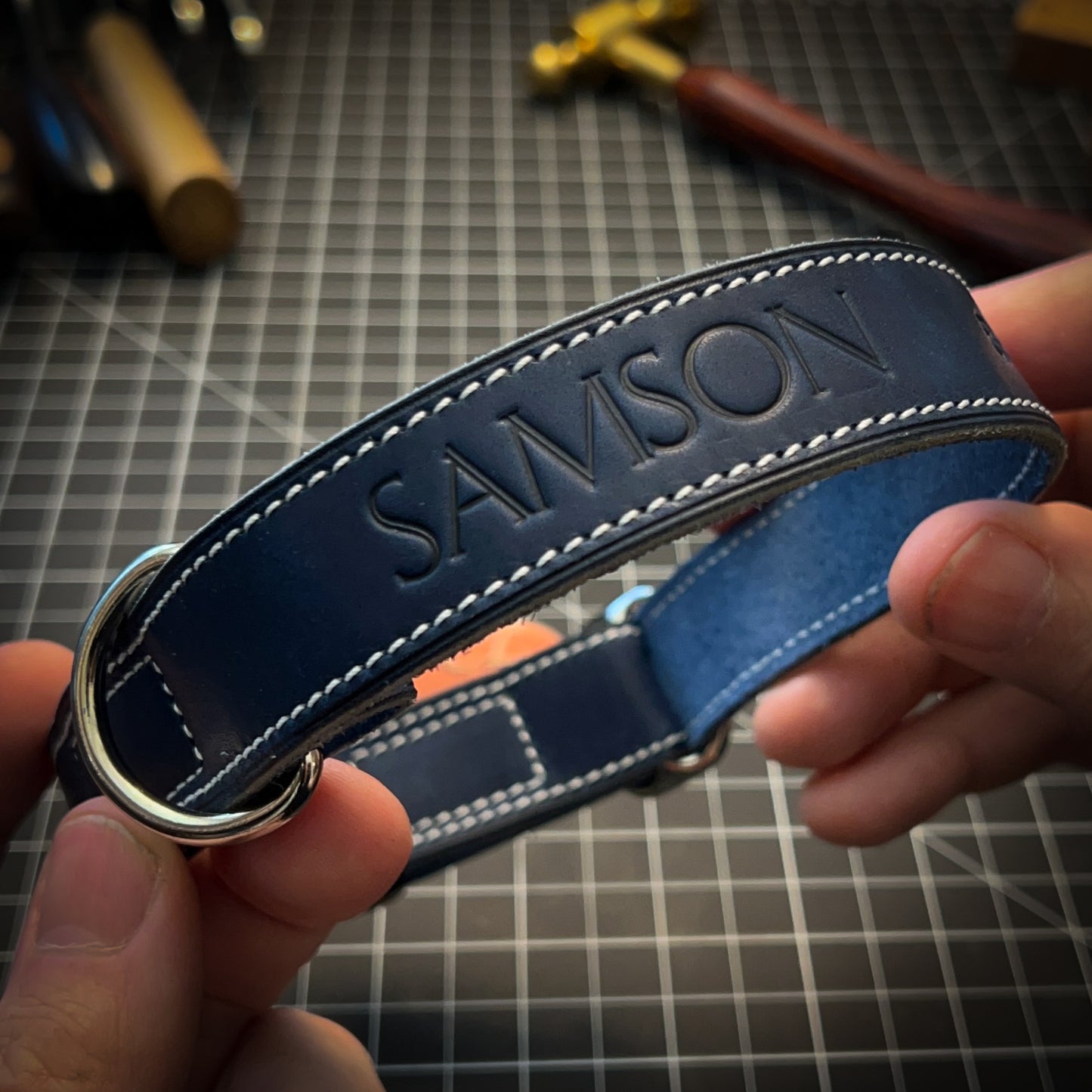 Handmade, Custom Dog Collars in Cobalt Blue Horween Leather | made in Houston, TX by Custom Leather and Pen