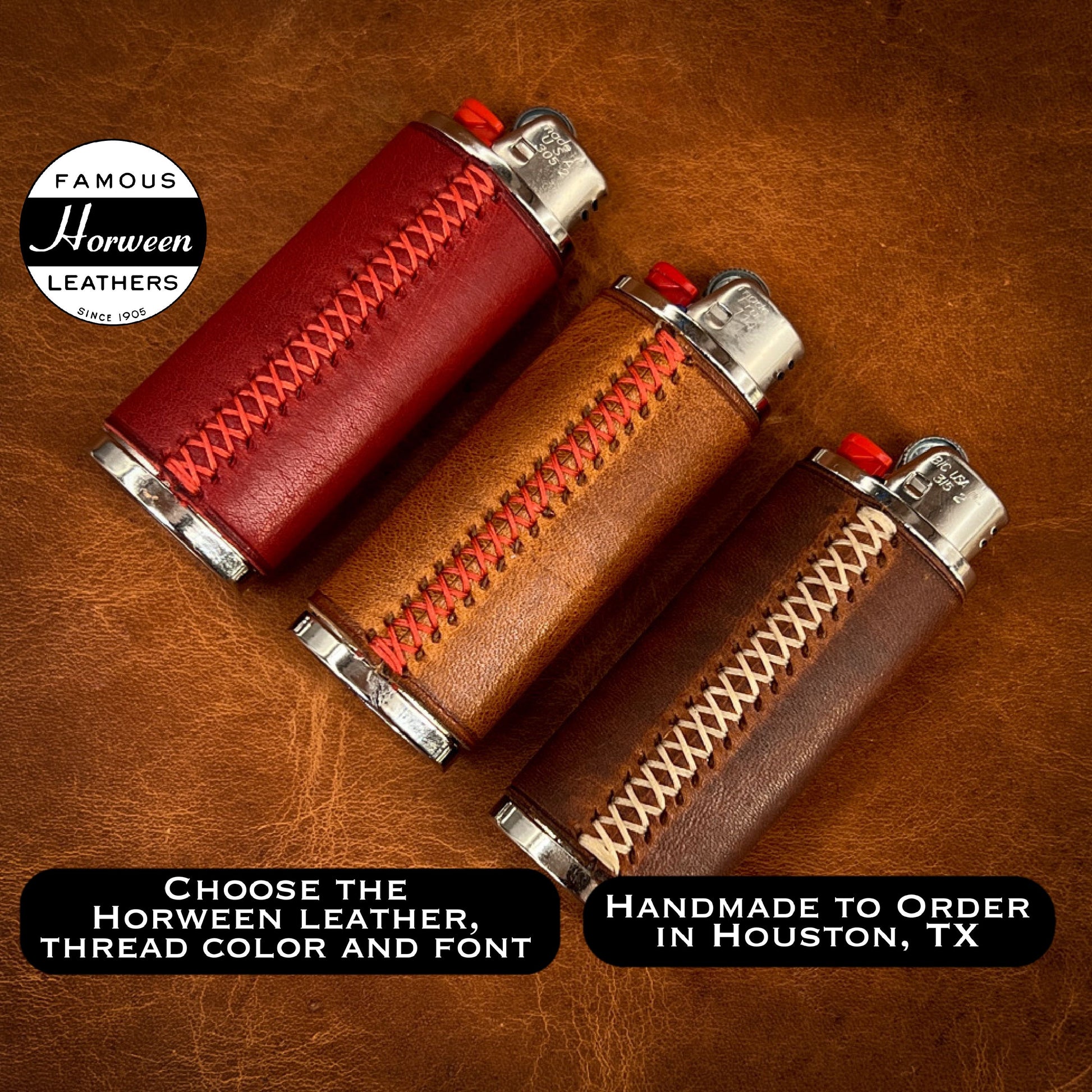 Leather Cowhide Lighter Case. (Made to fit 3 large BIC Lighter Not  Included)