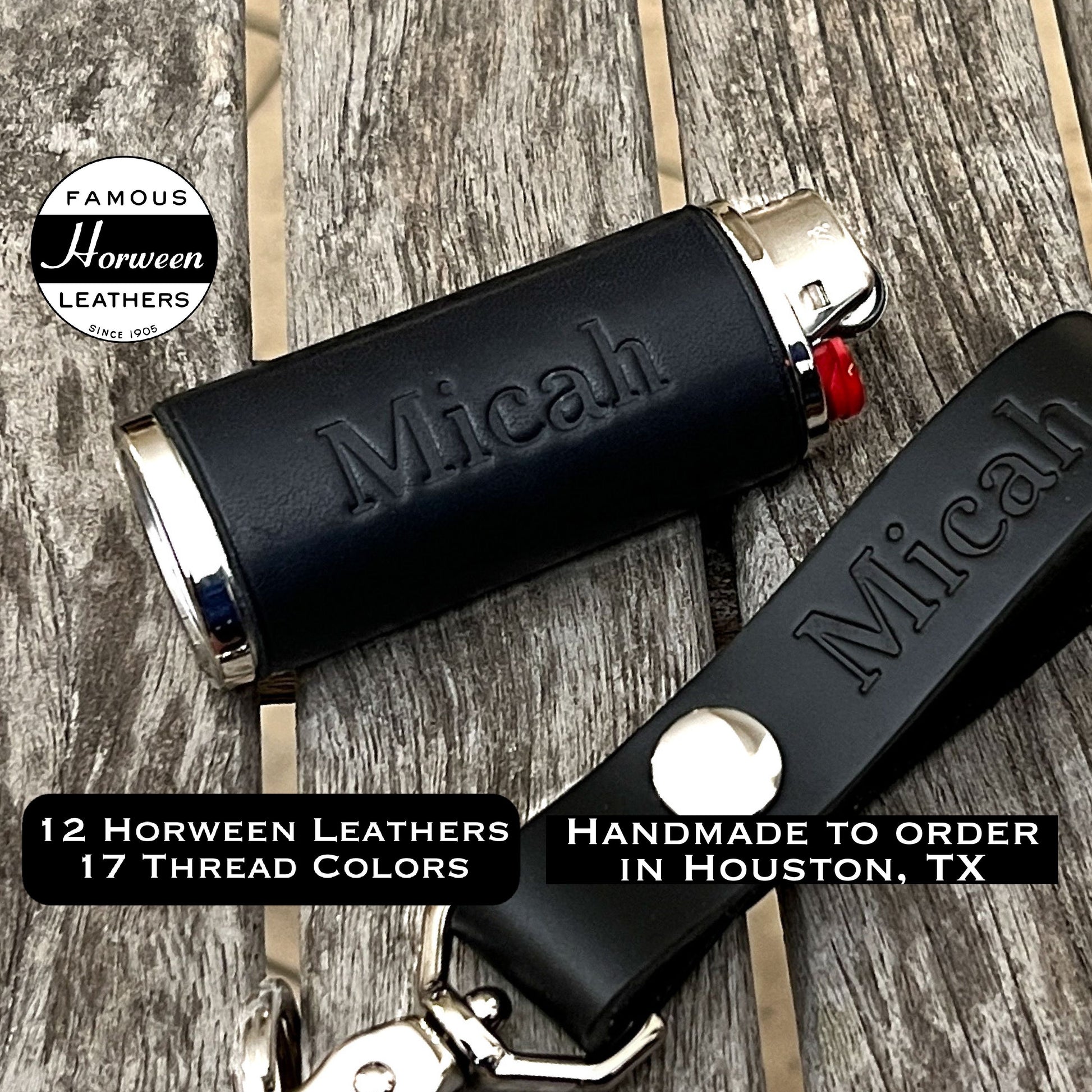Handmade custom bic lighter case in horween leather with matching keychain, cigarette lighter in Black CXL, handmade lighter cover